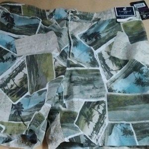 Caribbean Joe Polyester 2X Swim Trunks, Beach Collage Themed Print, XXL Swimsuit